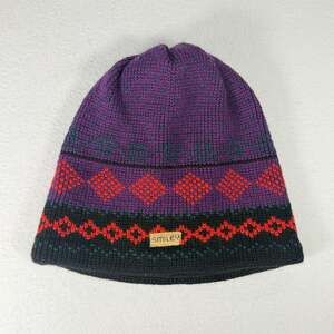 Vintage 90s Smiley 100% Wool Knit Beanie Purple Geometric Pattern Made USA